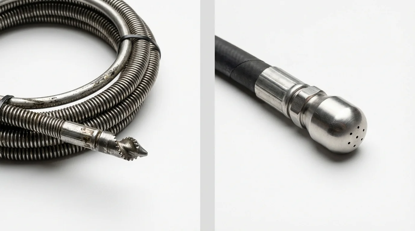 Drain snake cable and hydro jetting nozzle used for drain cleaning in Portland, IN