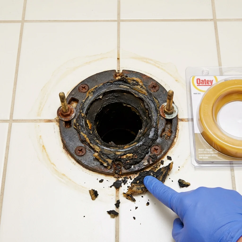Failed wax ring showing water seepage at the base of a toilet in a Portland, IN home