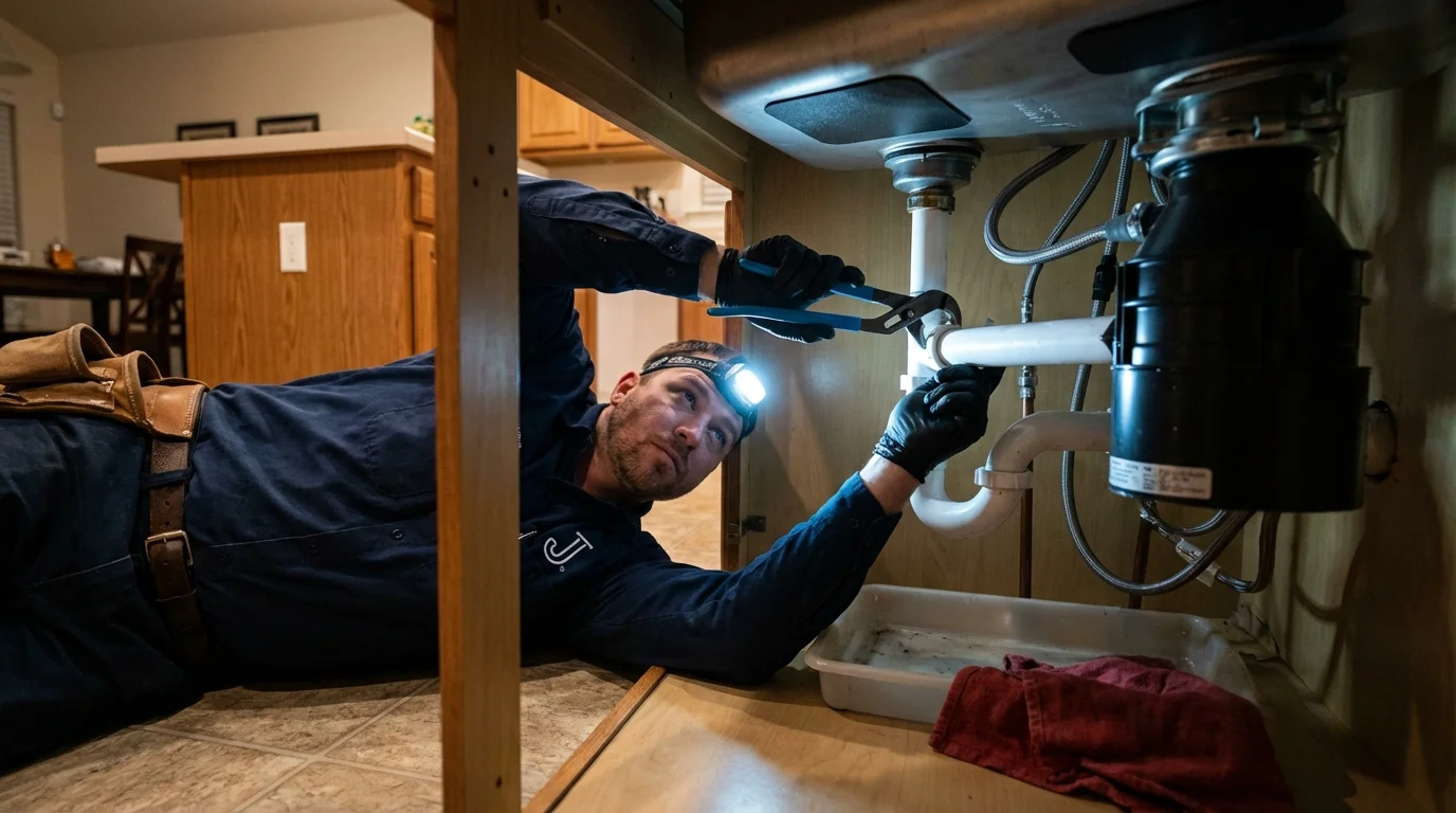 P-trap and supply line connections under a kitchen sink showing a common leak point in Portland, IN